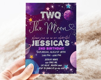 Two The Moon Invitation Birthday Party Invite Digital Galaxy Outer World Space Invitation EDITABLE DOWNLOAD Printable Template BTD014