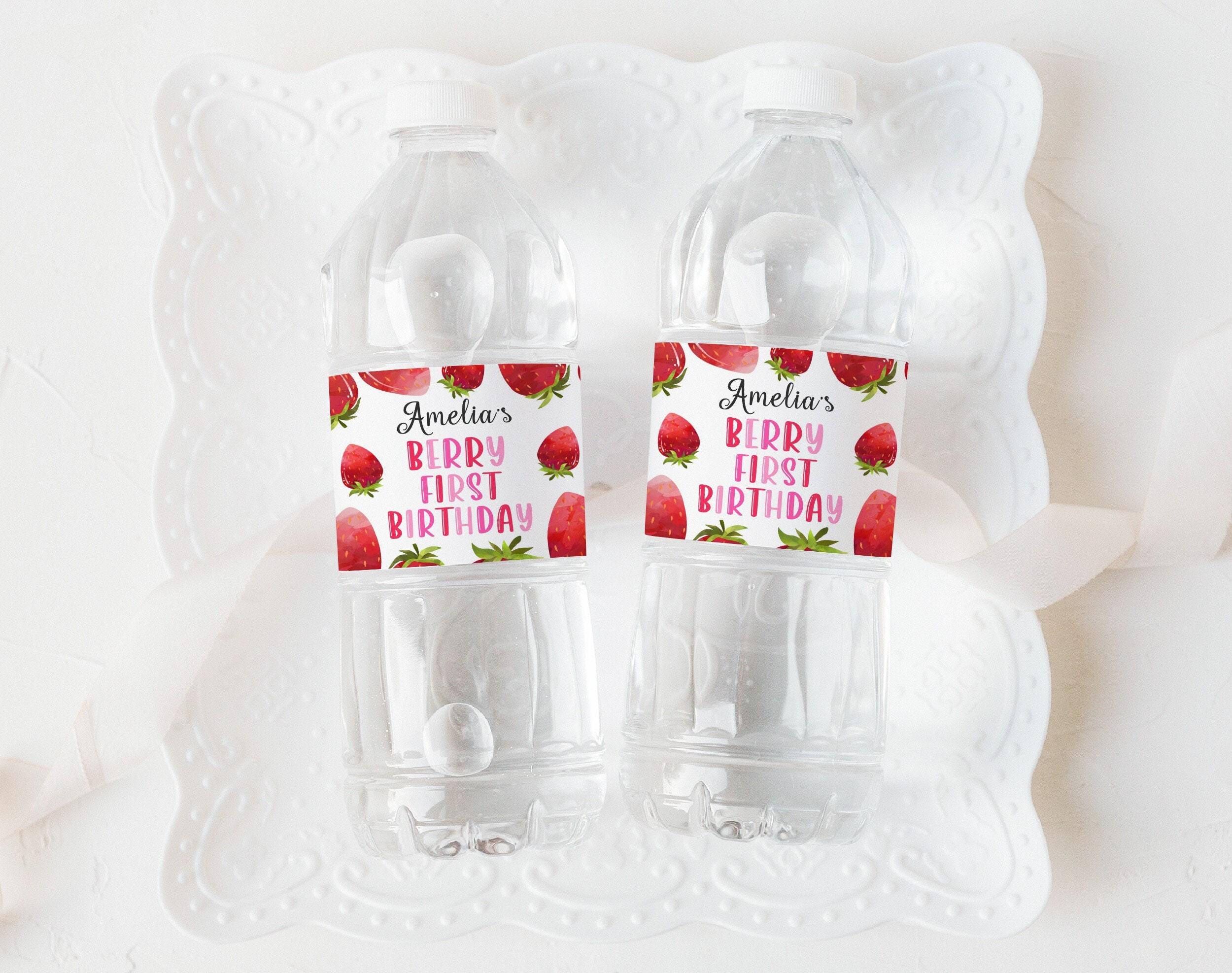 Strawberry Water Bottle Label Berry First Birthday Drink Labels Girl 1st Birthday Party Decor Berry Sweet One Summer Fruit EDITABLE BT37P