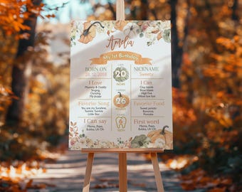 May include: A printable first birthday sign for a baby girl named Amelia. The sign features a fall theme with pumpkins, leaves, and flowers. It includes details about the baby's birthdate, weight, height, nickname, favorite food, and first word.
