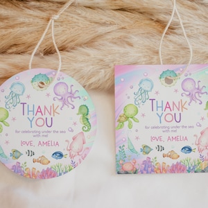 Etiquetas de lembrança de aniversário submarinas, etiquetas náuticas para chá de bebê, etiquetas de agradecimento para primeiro aniversário de menina, animais marinhos, oceano, imprimíveis BS77P AT07P