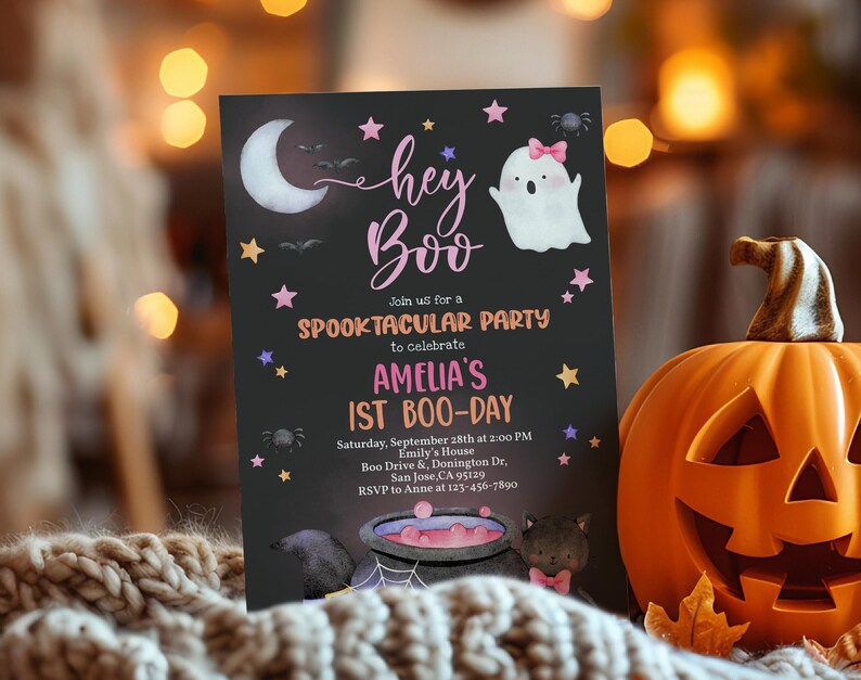 Hey Boo Invitation, Halloween Birthday Invite, Cute Pink Ghost, 1st ...