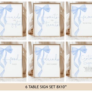 Blue Bow Baby Shower Table Signs Set Coquette 1st Birthday Poster Bundle Elegant Soft Pastel Blue Ribbon Party Decor Printable AS20B AT63B