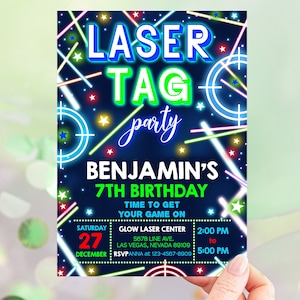 Laser Tag Birthday Invitation Boy Girl Gamer Birthday Party Invite Neon Glow Blue Rainbow Arcade Game Kids Tag Party EDITABLE BT63B