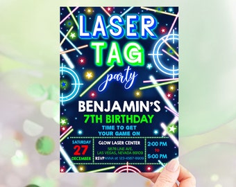 Laser Tag Birthday Invitation Boy Girl Gamer Birthday Party Invite Neon Glow Blue Rainbow Arcade Game Kids Lazer Tag Party EDITABLE BT63B