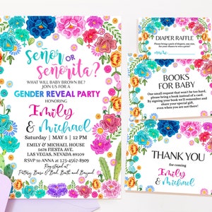 Fiesta Gender Reveal uitnodigingssuite Senor of Senorita jongen of meisje baby shower bundel Mexicaanse bloemen uitnodigingsset bloemen BEWERKBARE BS15MW