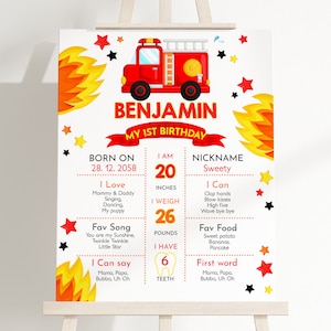 Letrero de camión de bomberos para el primer cumpleaños de niña y niño, decoración para fiesta de cumpleaños, póster de bombero, camión de bomberos, departamento de bomberos, editable, BT02W
