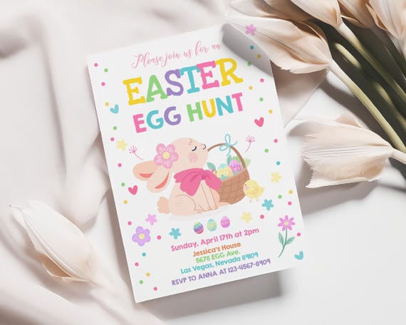 Easter Egg Hunt Invitation Easter Bunny Invite Colorful Pastel Rabbit Floral Pink Rainbow Sunday Brunch Party Spring Lunch Printable HL24P