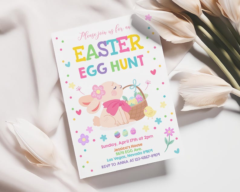May include: An invitation to an Easter egg hunt with a pink bunny holding a basket of colorful eggs. The invitation includes the date, time, location, and contact information for RSVP.