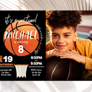 Invitation photo d'anniversaire de basket-ball, fête d'anniversaire fille garçon, invitation de l'équipe sportive All Star Athletic, tout âge, c'est l'heure du match MODIFIABLE BT13K