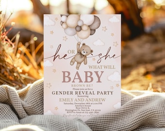 Invitación para revelar el sexo del bebé con temática de osito de peluche: ¡Apenas podemos esperar! Invita a niño o niña. Él o ella. Estilo bohemio. Beige. Globos aerostáticos. Hierba de la Pampa. Editable. BS21E