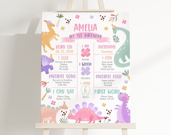 May include: A pink and purple dinosaur-themed first birthday milestone poster for a girl named Amelia. The poster includes details like her birthdate, height, weight, favorite song, first word, and favorite food.