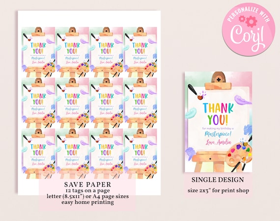 Art Paint Party Favor Tags, Printable Thank You Tags for Art Party Favors