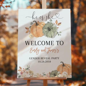 Pumpkin Gender Reveal Welcome Sign Fall Baby Shower Poster Boy or Girl He or She Autumn Neutral Party Decor Boho Floral Porch EDITABLE BS72M