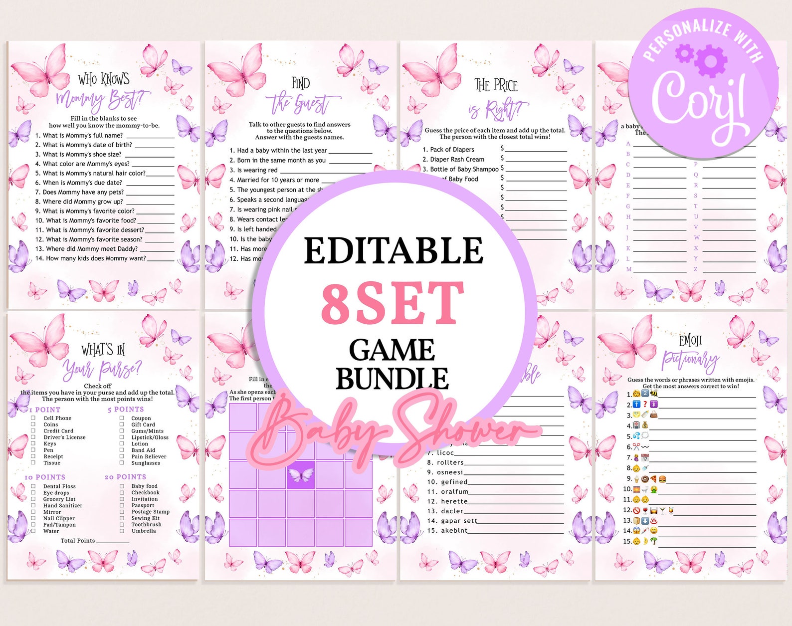 Butterfly Baby Shower Games Set Spring Gender Neutral Party Game Pink ...