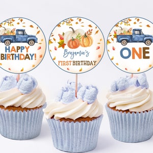 Kleiner Kürbis LKW Cupcake Topper Junge 1.Geburtstag Party Dekor Herbst Herbst Blätter Blau Kürbis Patch Dessert Etiketten Printable AT09B