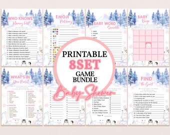 Peut inclure: Ensemble de jeux imprimables pour une fête prénatale sur le thème de l'hiver. Les jeux comprennent "Qui connaît le mieux maman ?", "Pictionary Emoji", "Scrabble des mots pour bébé", "Bingo pour bébé", "Qu'y a-t-il dans votre sac à main ?", "Trouvez l'invité". Les jeux présentent un thème de couleur rose et bleu avec des illustrations de pingouins et d'ours polaires.
