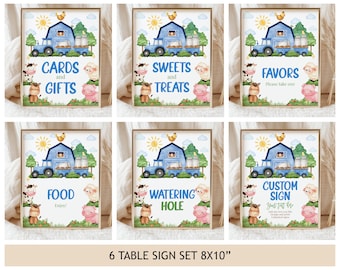 Farm Baby Shower Table Sign Set, Boy Blue Barn Animals Birthday Poster Bundle, Barnyard Party Decor, Cow Pig Lamb EDITABLE BS62B AT12B