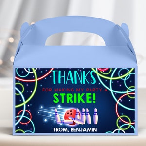 Bowling Geburtstagsgiebel Box Etiketten Mädchen Junge 1. Geburtstag Gastgeschenke Neon Glow Arcade Laser Sport Geschenk Treat Box Strike Up EDITIERBAR BT25G