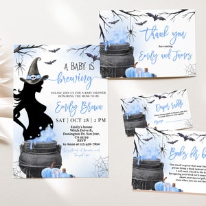 Ein Baby braut Halloween-Baby-Dusche-Bundle Hexe Gender Neutral Party-Einladung Anzug Junge Blau Herbst Herbst einladen Set EDITIERBARE BS66B