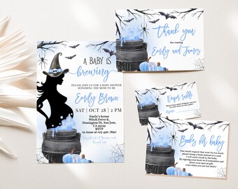 Hexe-Babyparty-Einladungs-Bundle Ein Baby braut Halloween-Babyparty-Einladungs-Set Junge Blauer Kessel Rauch gruseliger Herbst EDITIERBARE BS66B