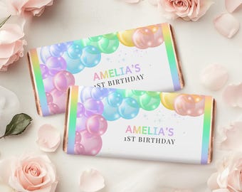 Pastel Rainbow Birthday Chocolate Wrapper Colorful Balloon Arch Party Decor Watercolor Pink Purple Glitter Candy Bar Label Printable AT22P