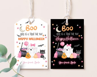 May include: Two printable Halloween gift tags with a black cat, ghost, cauldron, and pumpkin. The text on the tags reads "Boo! Here is a treat for you! Happy Halloween" and "Your friend, Amelia". One tag has a white background and the other has a black background.