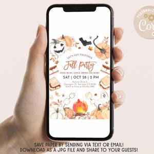 May include: A digital invitation for a fall party with a watercolor illustration of pumpkins, bats, a campfire, and s'mores. The text reads "Let's get together Fall Party Food, Music, Dance, Drinks and More! Sat Oct 28 | 2 PM Autumn Drive & Dosington Dr. San Jose, CA 95129 RSVP Anne 123-456-7890"
