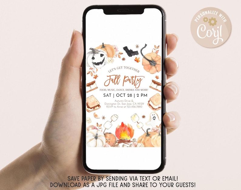 May include: A digital invitation for a fall party with a watercolor illustration of pumpkins, bats, a campfire, and s'mores. The text reads "Let's get together Fall Party Food, Music, Dance, Drinks and More! Sat Oct 28 | 2 PM Autumn Drive & Dosington Dr. San Jose, CA 95129 RSVP Anne 123-456-7890"