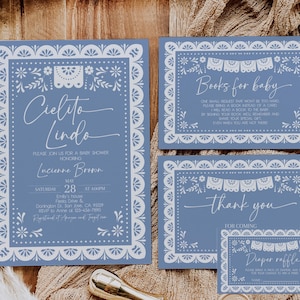 Paquete de invitaciones para baby shower Cielito Lindo, set de invitaciones para baby shower de Talavera azul mexicana, Papel Picado, Baby Sprinkle Brunch, EDITABLE AS42B