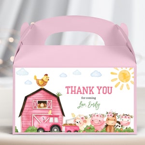 Étiquette de boîte à pignon pour baby shower ferme animaux de la grange fille cadeaux de fête d'anniversaire rose basse-cour ranch tracteur cadeau gâterie boîte imprimable BS62P AT12P