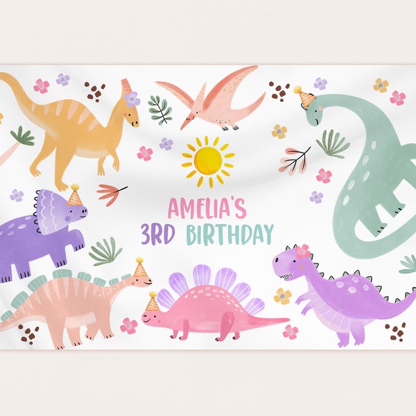 Pastel Dinosaur Birthday Backdrop Banner Girl 1st Birthday Party Decor Purple Pink Dino Jungle Animals Photo Booth Wild Stomp EDITABLE BT98