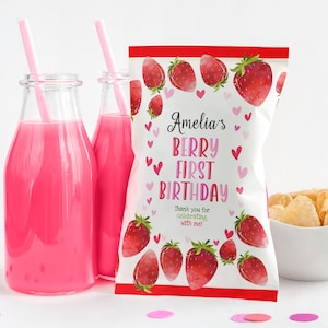Strawberry Birthday Chip Bag Labels Berry First Birthday Snack Treats Bag Girl 1st Birthday Party Favors Berry Sweet One EDITABLE BT37P