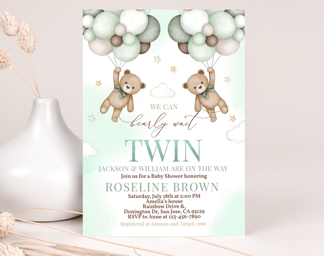 Teddy Bear Twins Baby Shower Invitation We Can Bearly Wait Twin Shower ...