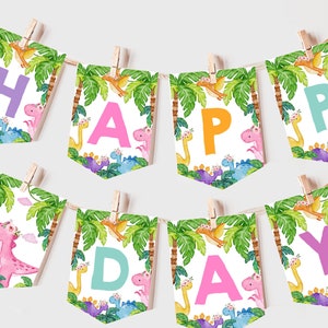 Dinosaur Birthday Banner Girl 1st Birthday Decor Cute Dino Party Bunting Flag Jungle Animals Wild Stomp Chomp Roar Garland Printable BT16P