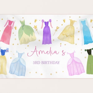Princess Birthday Backdrop Banner Once Upon a Time Princess Dresses Photo Booth Royal Girl Pink Dress Up Party Decor EDITABLE Template AT14