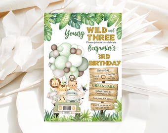 Young Wild and Three Invitation Boy Safari 3rd Birthday Party Invite Jungle Zoo Safari Animals Tropical Green Gold Balloons EDITABLE BT96G