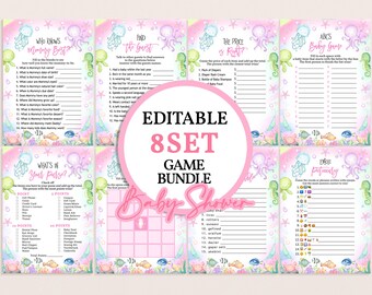 May include: Printable baby shower game bundle with an ocean theme. The games include "Who Knows Mommy Best?", "Find the Guest", "The Price is Right", "What's in Your Purse?", "Baby Bingo", "Emoji Pictionary", and "ABC's Baby Game".