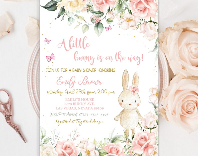 May include: A pink and gold baby shower invitation with a watercolor floral design and a cute bunny illustration. The text reads "A little bunny is on the way!" and includes the name "Emily Brown" and details for the event.
