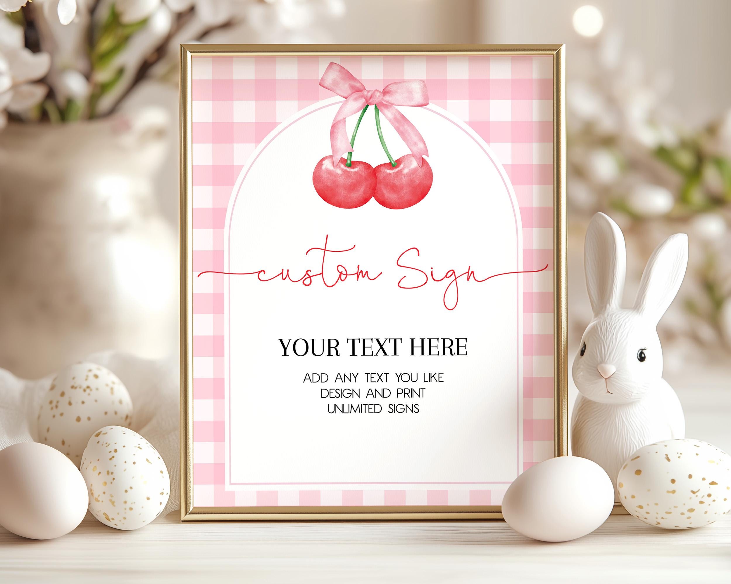 Cherry Baby Shower Custom Sign Cherry on Top Birthday Poster Red Pink Coquette Bow Berries Table Sign Gingham Decor EDITABLE BS95P AT34P