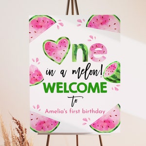 Watermelon Welcome Sign Girl First Birthday Party Decor One in a Melon Poster Pink Watermelon Sweet Celebration Summer Porch EDITABLE BT67P