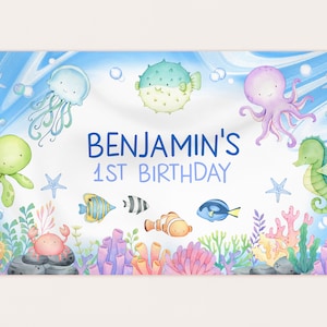 Banner de fondo bajo el mar con animales del océano, decoración para fiesta de primer cumpleaños de niño, animales marinos náuticos, fotomatón submarino, editable AT07B