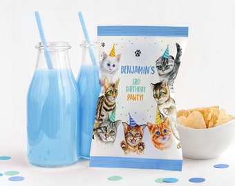 Cat Birthday Chip Bag Labels Boy 1st Birthday Decor Blue Kitty Cat Party Animals Snack Treats Bag Printable BT80B