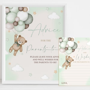 Teddybär Beratung Karte Zeichen Mädchen Baby-Dusche-Spiele Eltern Werdende Mama Salbei Grün Pampasgras Gender Neutral Party Luftballons EDITIERBARE BS21G