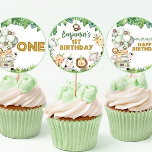 Decorazioni per cupcake di compleanno con tema safari, animali della giungla, decorazioni per feste per bambini, palloncini tropicali, etichette per dessert verdi e oro, stampabili, BT96G