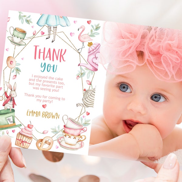 Alice in Wonderland Photo Thank You Card Alice in Onederland Thank You Note Girl First Birthday Mad Hatter Tea Party Decor EDITABLE BT11W