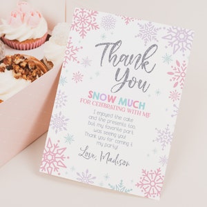 Tarjeta de agradecimiento con copos de nieve, nota de agradecimiento para baby shower de invierno, fiesta de primer cumpleaños para niña en el País de las Maravillas de Invierno, imprimible en el País de las Maravillas de Invierno BS10P BT30P