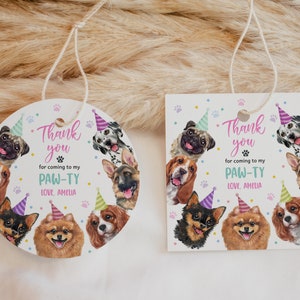 Etiquetas de regalo para perro, decoración para el primer cumpleaños de niña, etiquetas de regalo con diseño de cachorro rosa, etiquetas de agradecimiento para fiestas de adopción de mascotas, etiquetas imprimibles BT51P