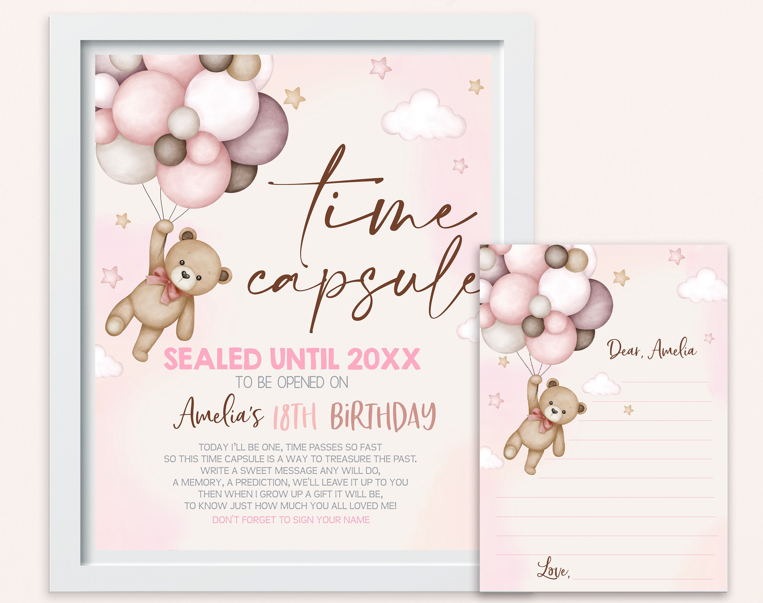 Teddy Bear Time Capsule Sign Girl 1st Birthday Party Guestbook Pampas ...