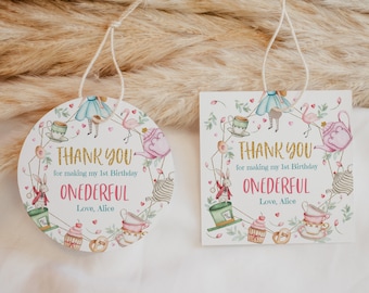 Alice in Wonderland Favor Tags Onederland Gift Tags Girl 1st Birthday Thank You Tags Mad Hatter Tea Party Baby Shower Printable BS11W BT11W