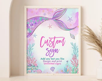 Mermaid Baby Shower Custom Sign Under The Sea Birthday Table Sign Girl Princess Magical Purple Teal Gold Mermaid Tail EDITABLE BS37V BT48V